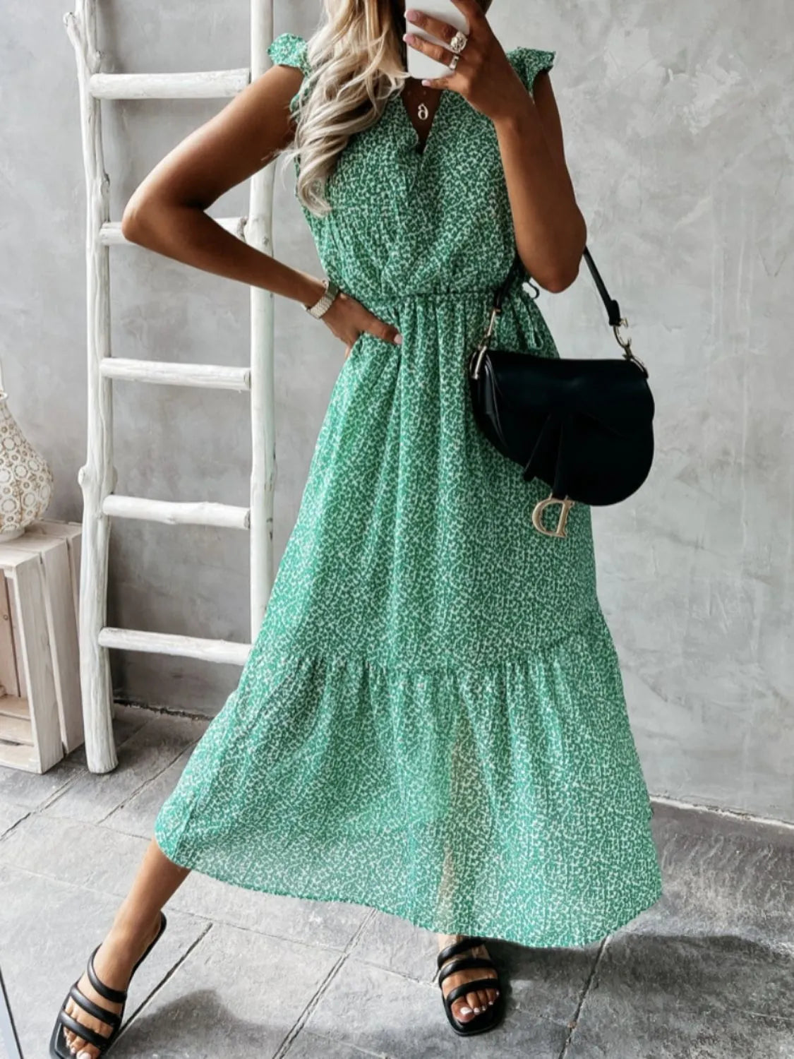 Ruffled Surplice Printed Cap Sleeve Dress