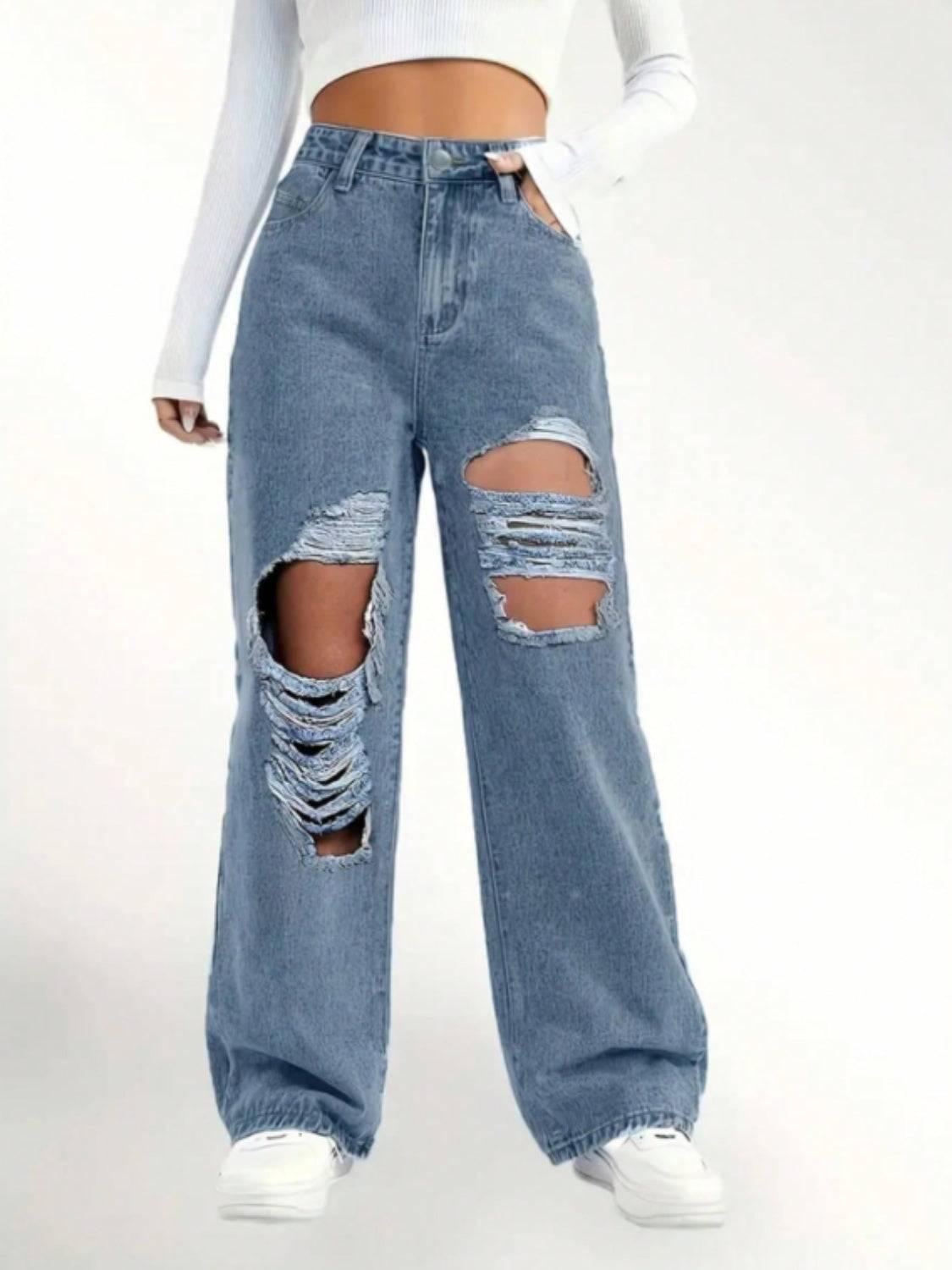 Distressed Wide Leg Jeans - Clothes For Her Online Store
