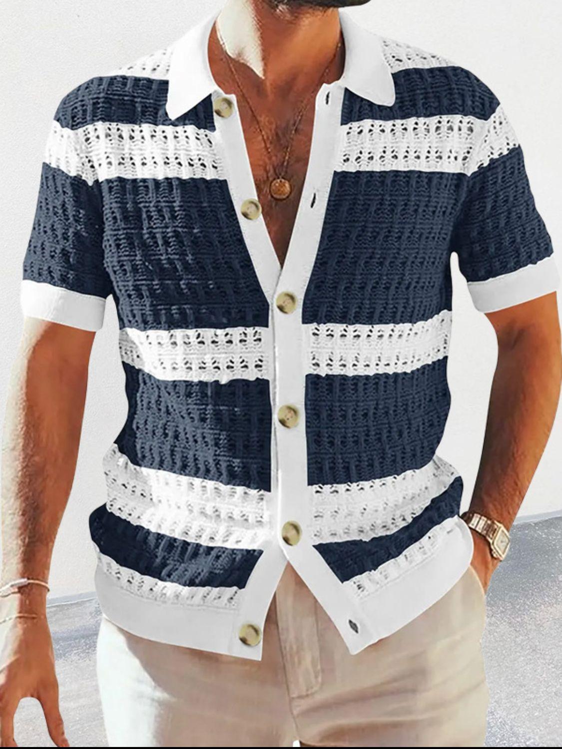 Men's Button Down Collared Neck Contrast Openwork Shirt - Clothes For Her Online Store