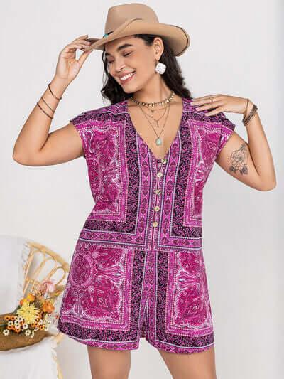 Plus Size Printed V-Neck Cap Sleeve Romper - Clothes For Her Online Store