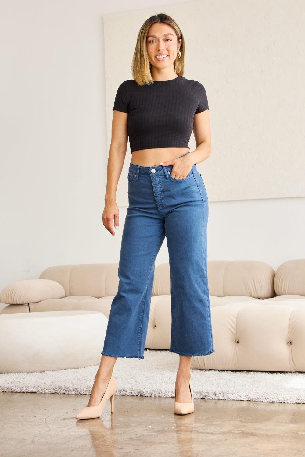 RFM Crop Chloe Full Size Tummy Control High Waist Raw Hem Jeans - Clothes For Her Online Store