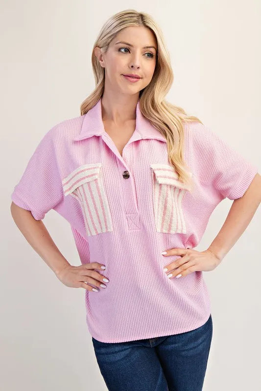 Celeste Full Size Rib Knit Collared Top with Striped Pockets Plus Size