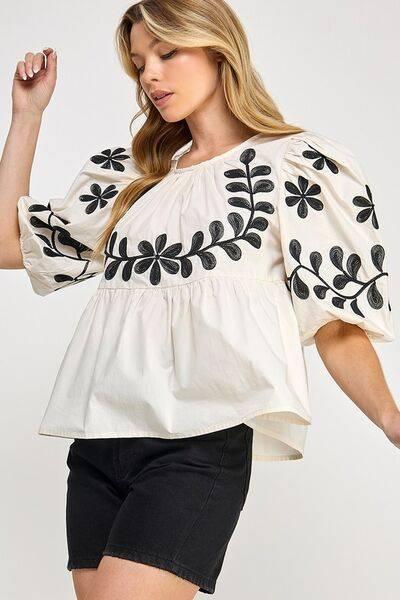 SAGE+FIG Puff-Sleeve Embroidered Peplum Blouse