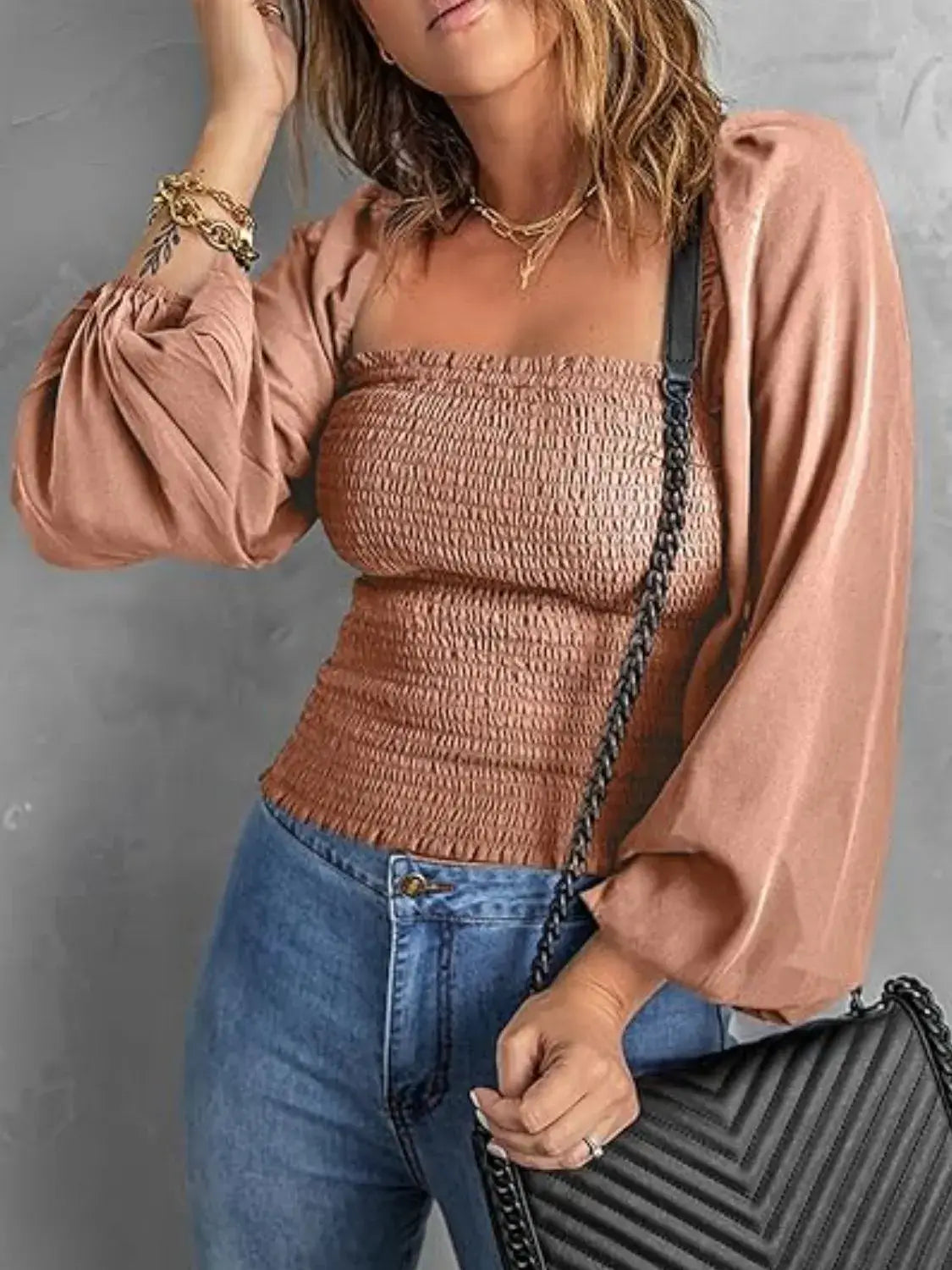 Smocked Square Neck Balloon Sleeve Blouse