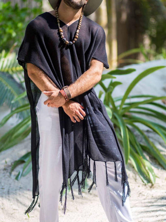 Men's Full Size Fringe V-Neck Half Sleeve Cover Up Plus Size - Clothes For Her Online Store