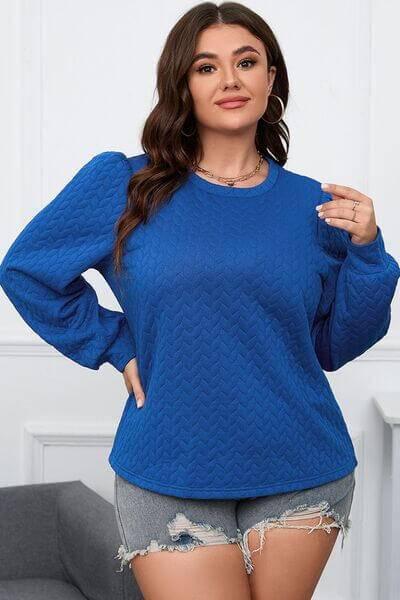 Plus Size Textured Round Neck Long Sleeve Top - Clothes For Her Online Store