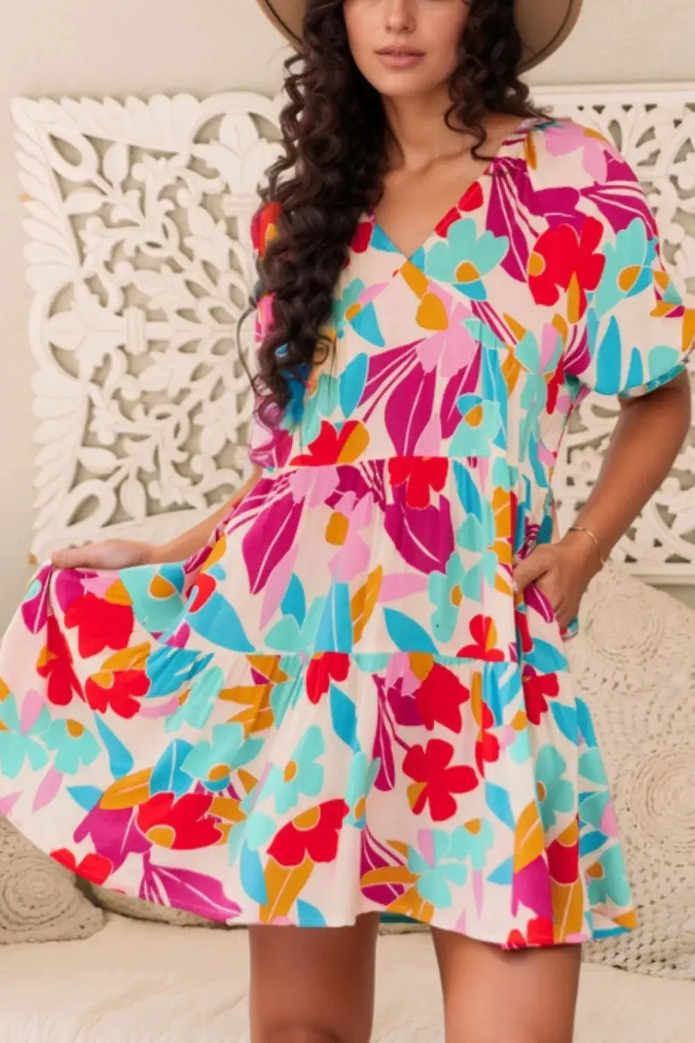 Floral Bubble Sleeve V Neck Tiered Ruffle Babydoll Dress - Clothes For Her Online Store