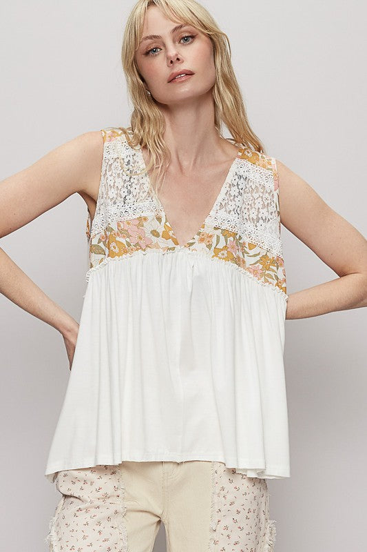 POL Lace Detail Frill Floral V-Neck Sleeveless Top