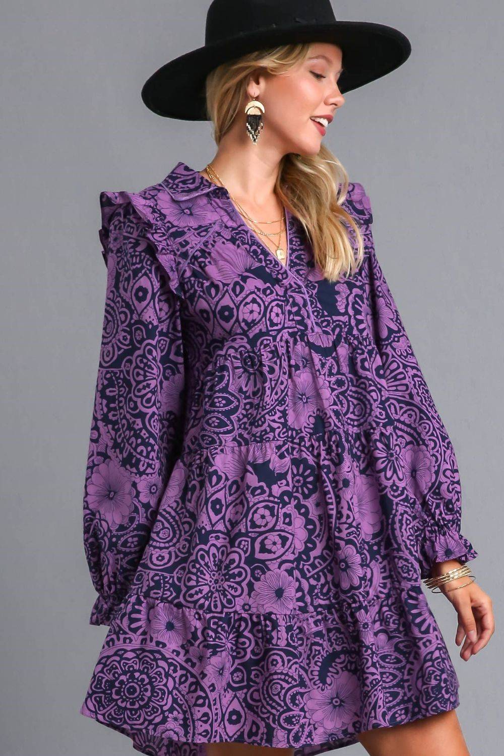 Umgee Full Size Ruffled Printed Piping Detail Long Sleeve Dress Plus Size - Clothes For Her Online Store