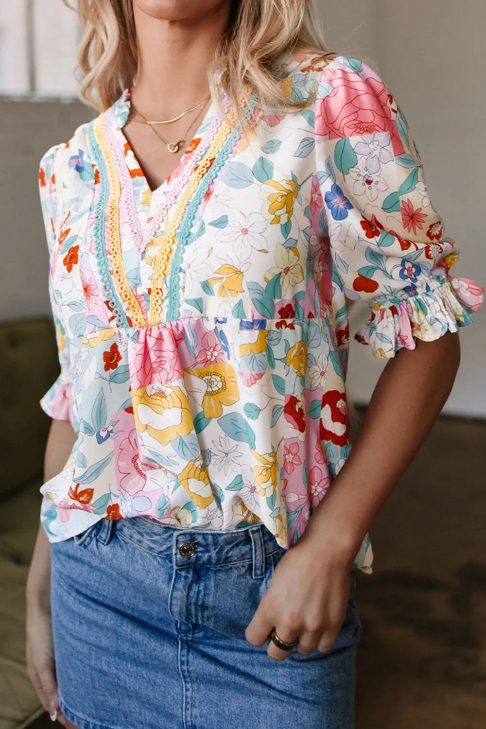 Boho Flower Print Half Puff Sleeve Blouse