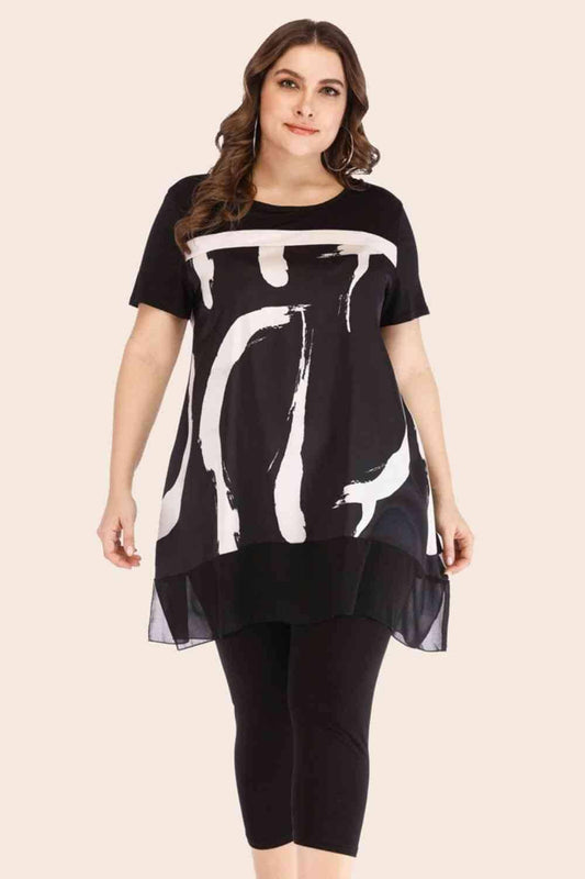 Plus Size Contrast Spliced Mesh T-Shirt and Cropped Leggings Set - Clothes For Her Online Store