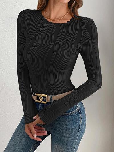 Textured Round Neck Long Sleeve Top