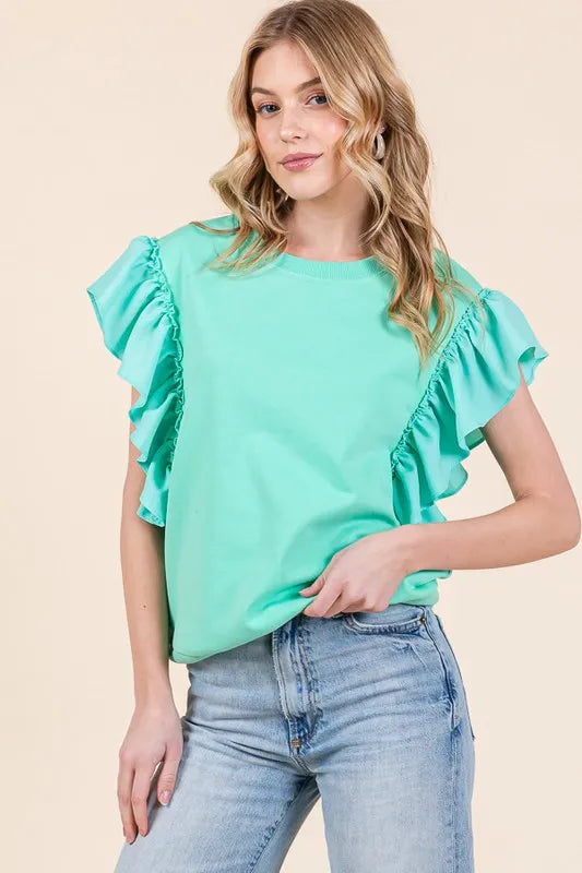 Lime 'N' Chili Solid Shoulder Ruffle Detail Round Neck Top