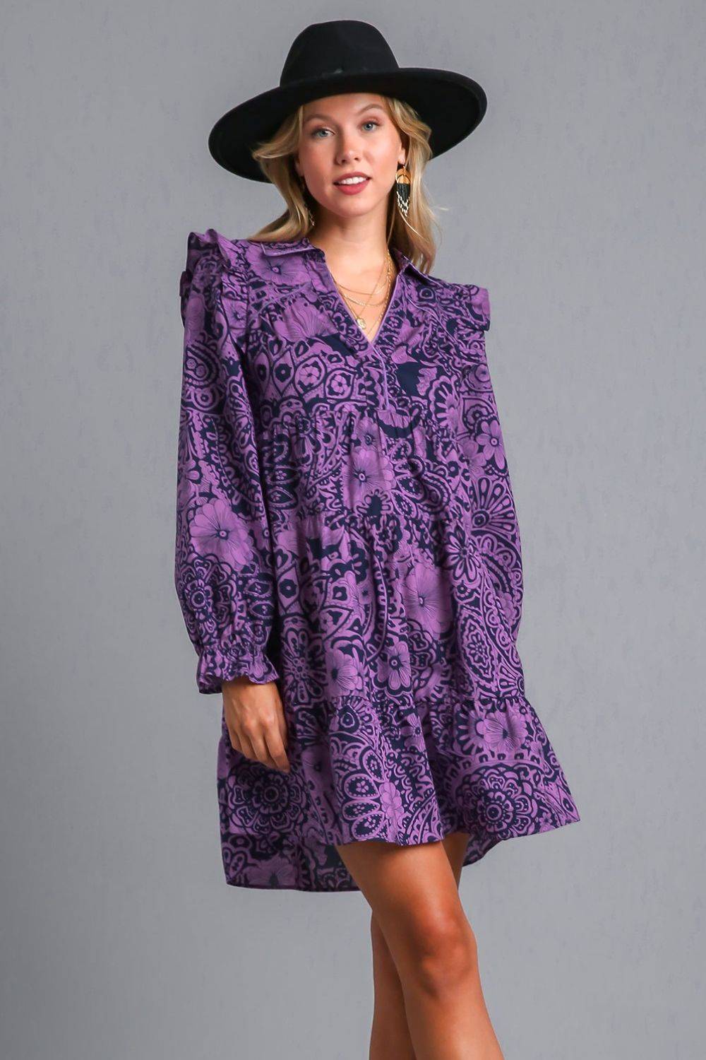 Umgee Full Size Ruffled Printed Piping Detail Long Sleeve Dress Plus Size - Clothes For Her Online Store