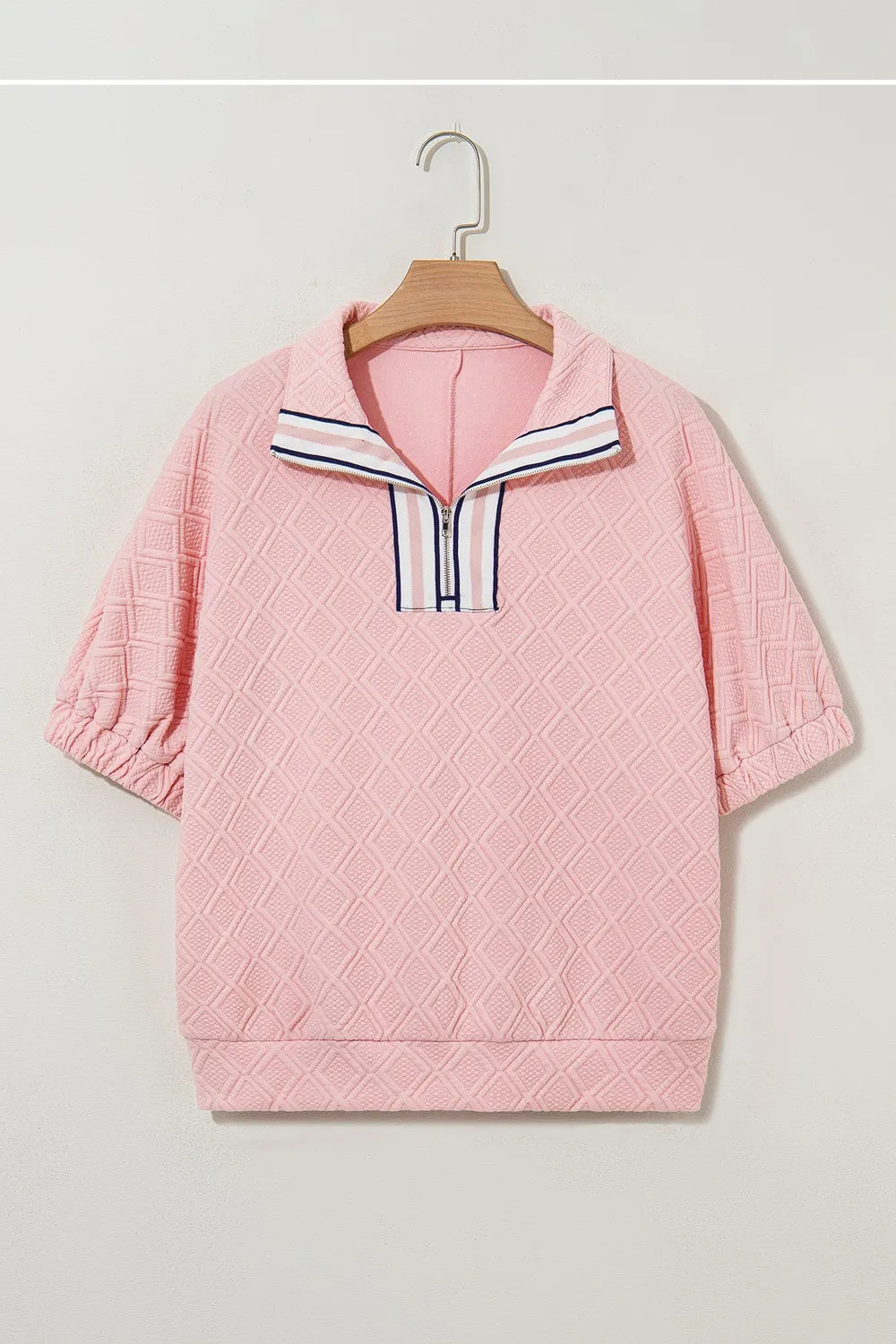Contrast Striped Collar Patchwork Textured Half Sleeve Blouse