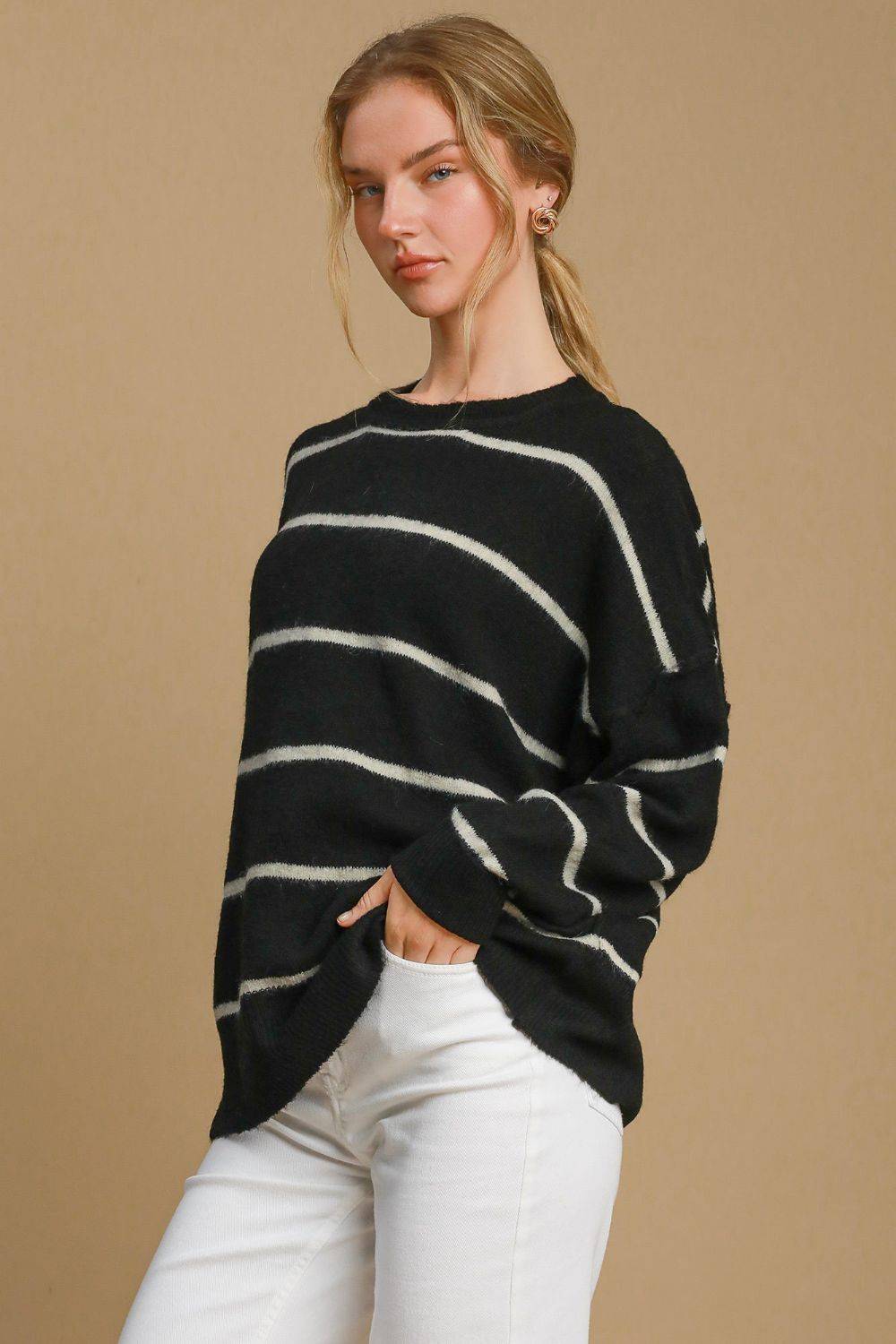 Umgee Wool Blend Striped Round Neck Sweater - Clothes For Her Online Store