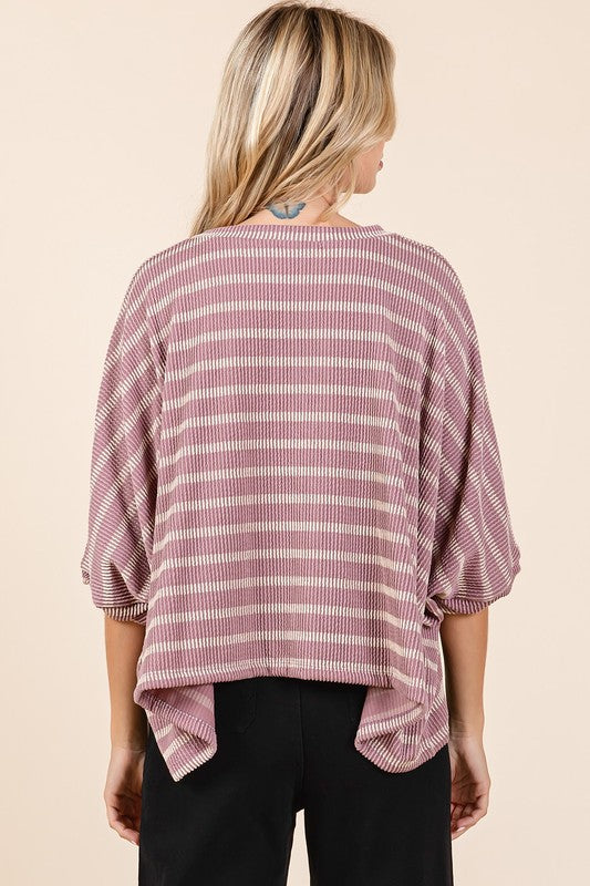 Mittoshop Texture Striped Print Round Neck Dolman Sleeve Top - Clothes For Her Online Store
