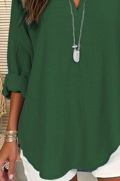 Solid Color Notched Long Sleeve Blouse