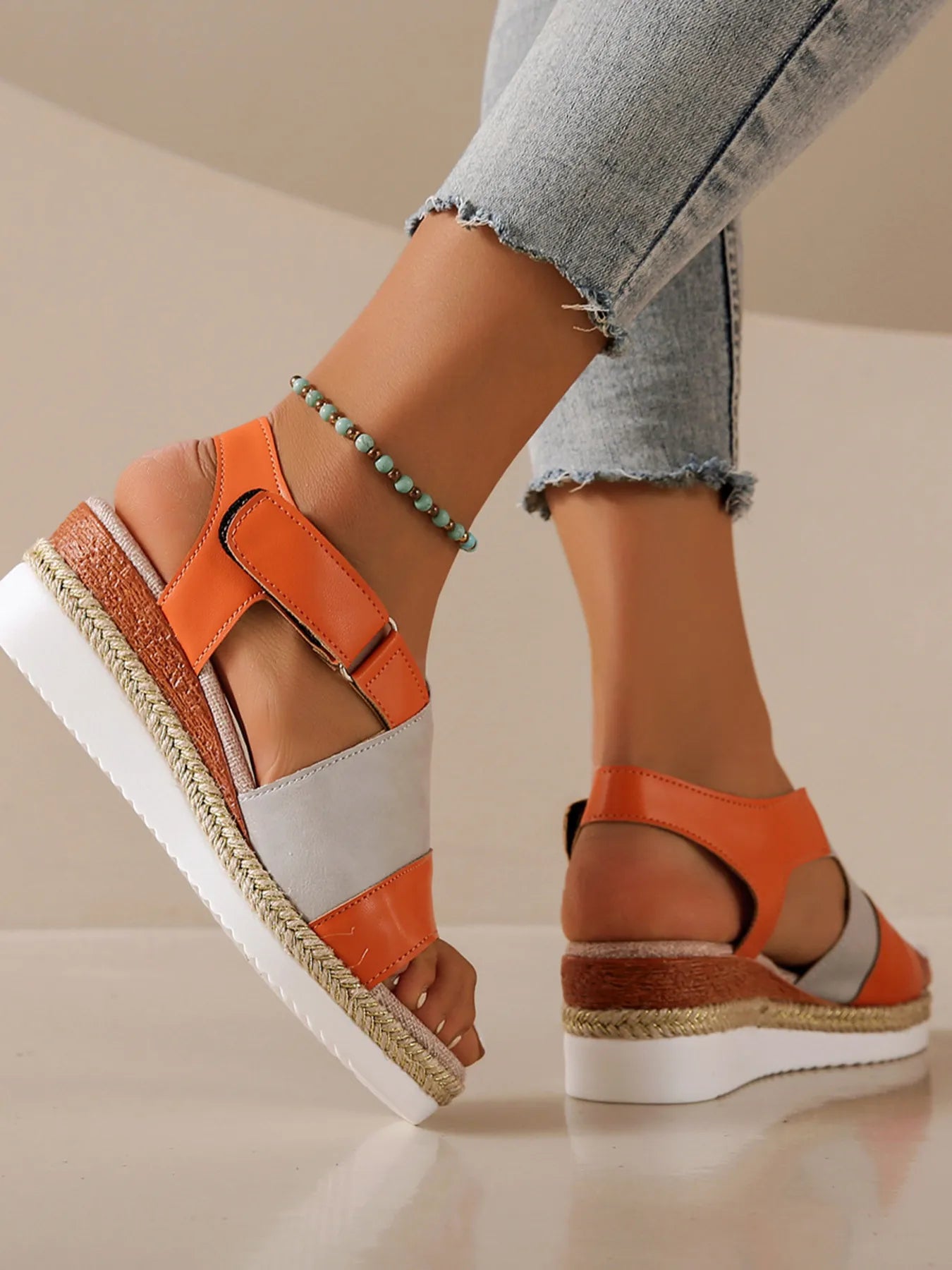 Color Block Platform Wedge Sandals with Ankle Strap