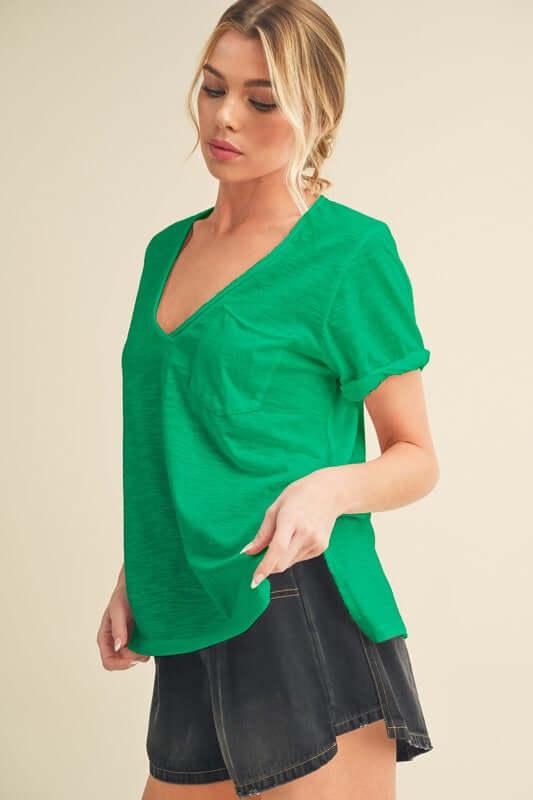 Aemi + Co Side Slit V-Neck Short Rolled Sleeve T-Shirt