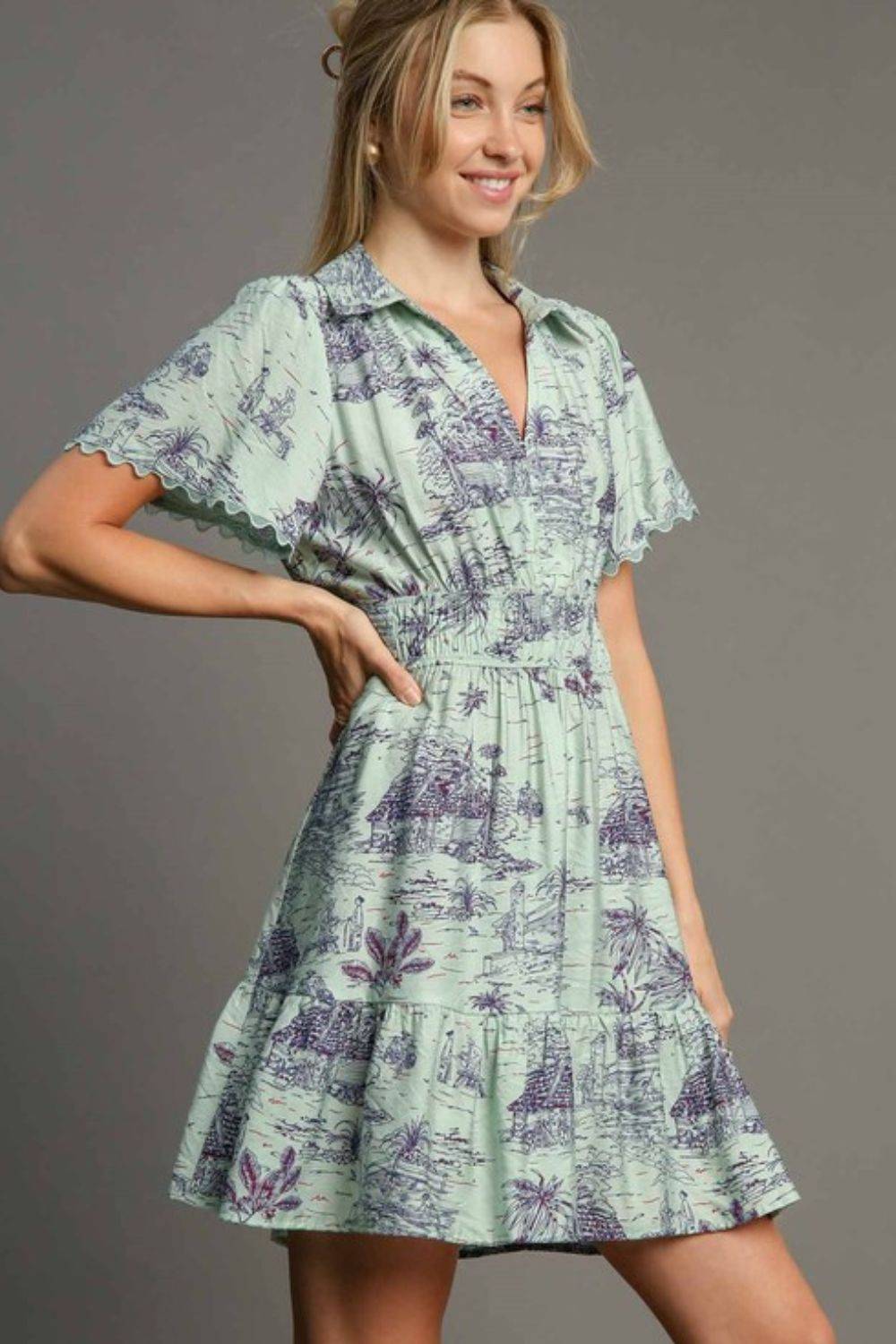 Umgee Full Size Landscape Print Collared Mini Dress Plus Size - Clothes For Her Online Store