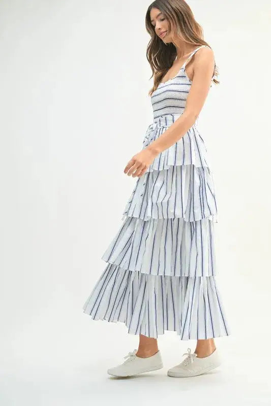 MABLE Pin Stripe Smocked Bodice Layered Midi Dress - Clothes For Her Online Store