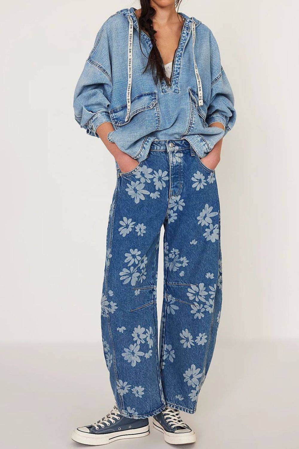 Flower Print Wide Leg Jeans - Clothes For Her Online Store
