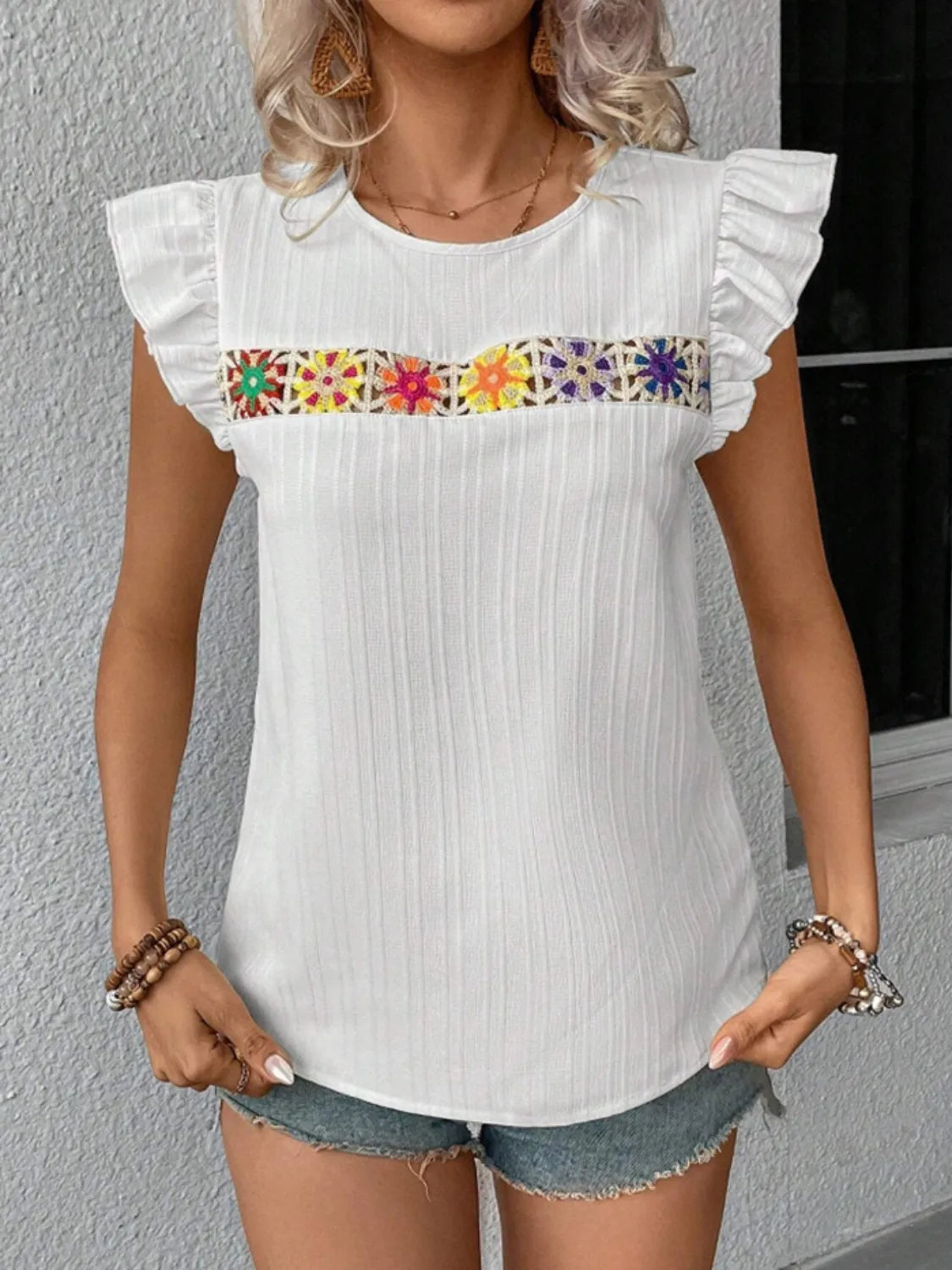 Ruffled Round Neck Cap Sleeve Blouse