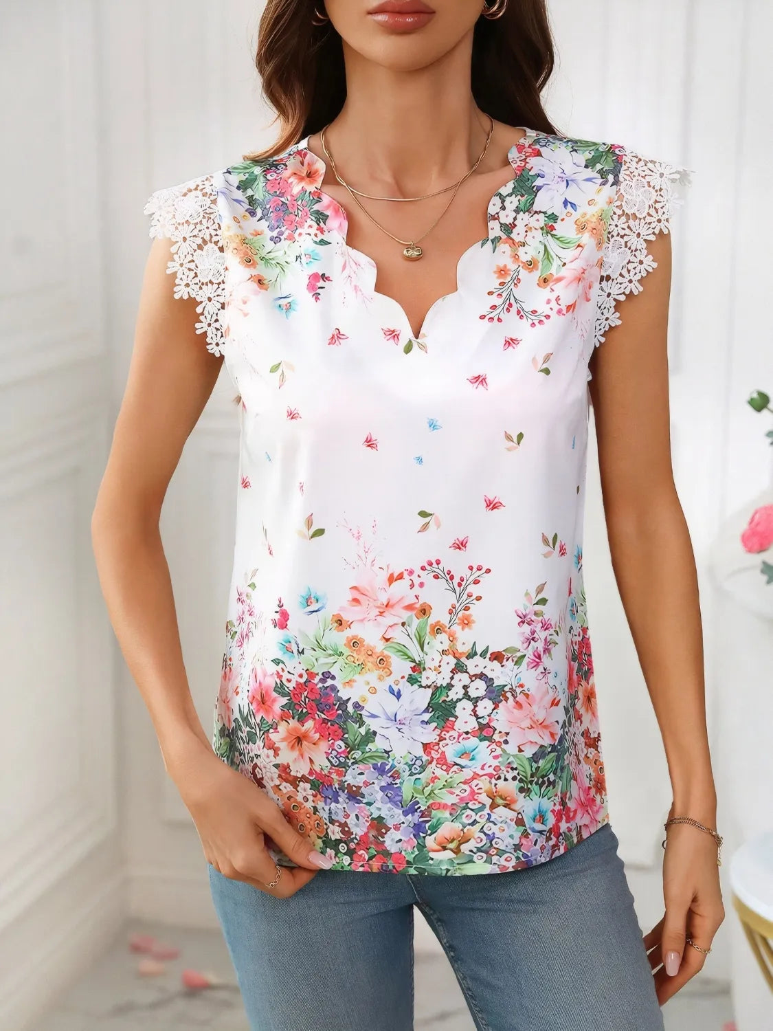 Lace Detail Printed V-Neck Cap Sleeve Blouse