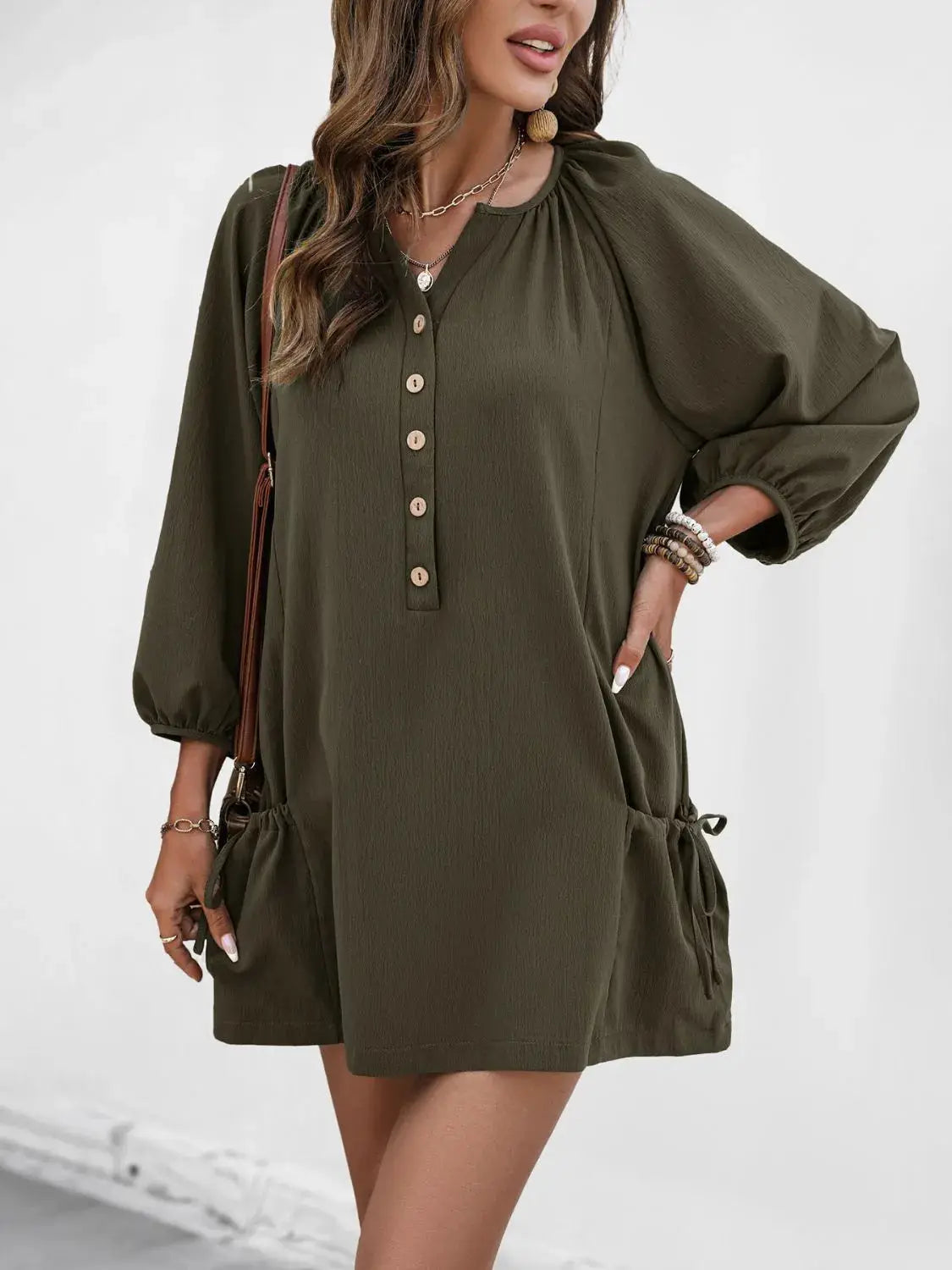 Button Front Balloon Sleeve Dress - Clothes For Her Online Store