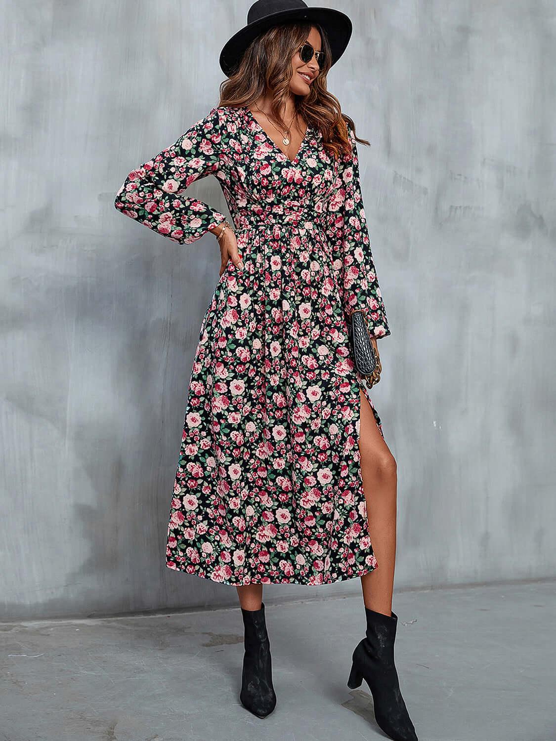 Perfee Floral V-Neck Slit Midi Dress