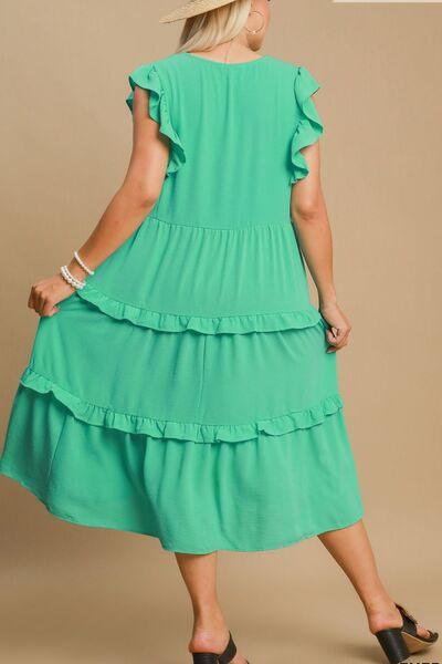 Umgee Full Size Ruffle Tiered Cap Sleeve Midi Dress Plus Size