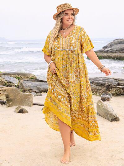 Plus Size Floral Tie Neck Flutter Sleeve Maxi Dress