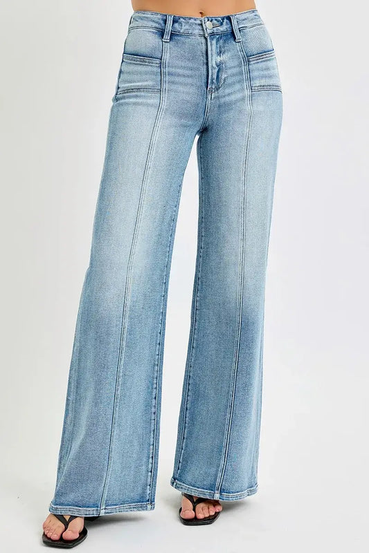 RISEN Full Size Mid Rise Wide Jeans with Front Patch Pocket Plus Size