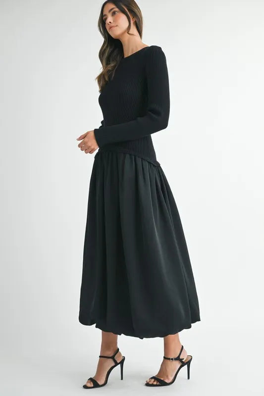 MABLE Ribbed Poplin Mix Midi Sweater Dress