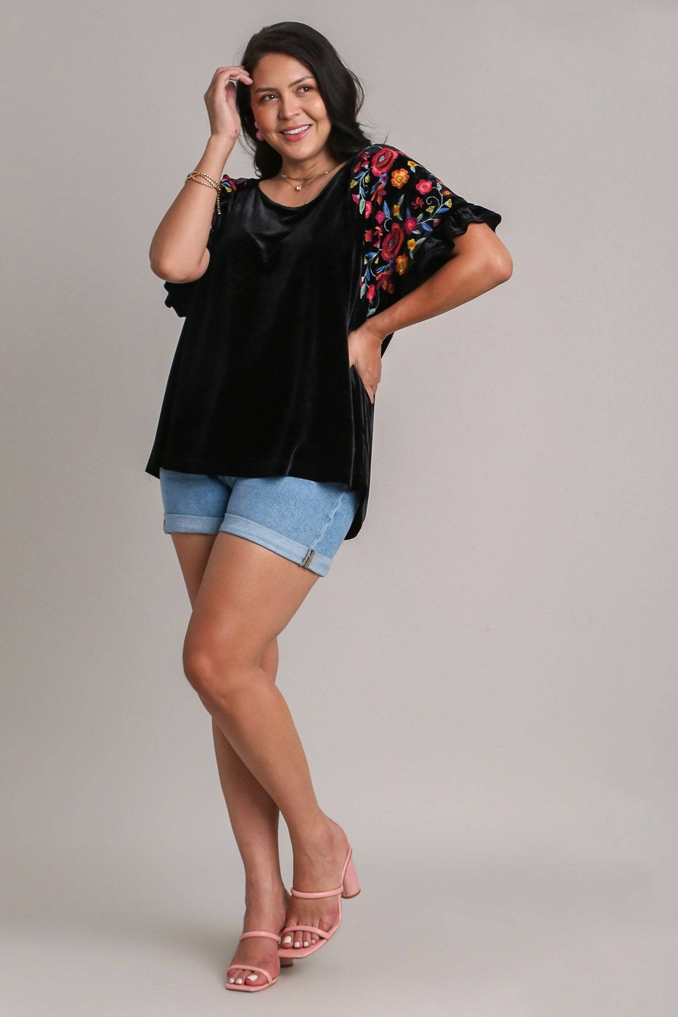 Umgee Full Size Velvet Embroidery Short Sleeve Blouse - Clothes For Her Online Store