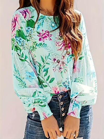 Smocked Printed Round Neck Lantern Sleeve Blouse