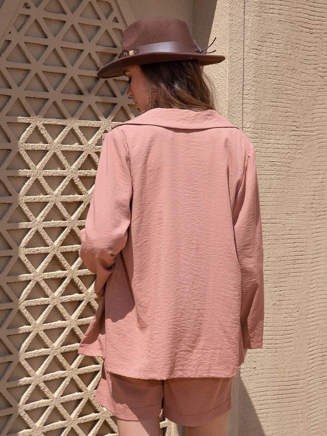 Lace Detail Collared Neck Long Sleeve Top and Shorts Set - Clothes For Her Online Store