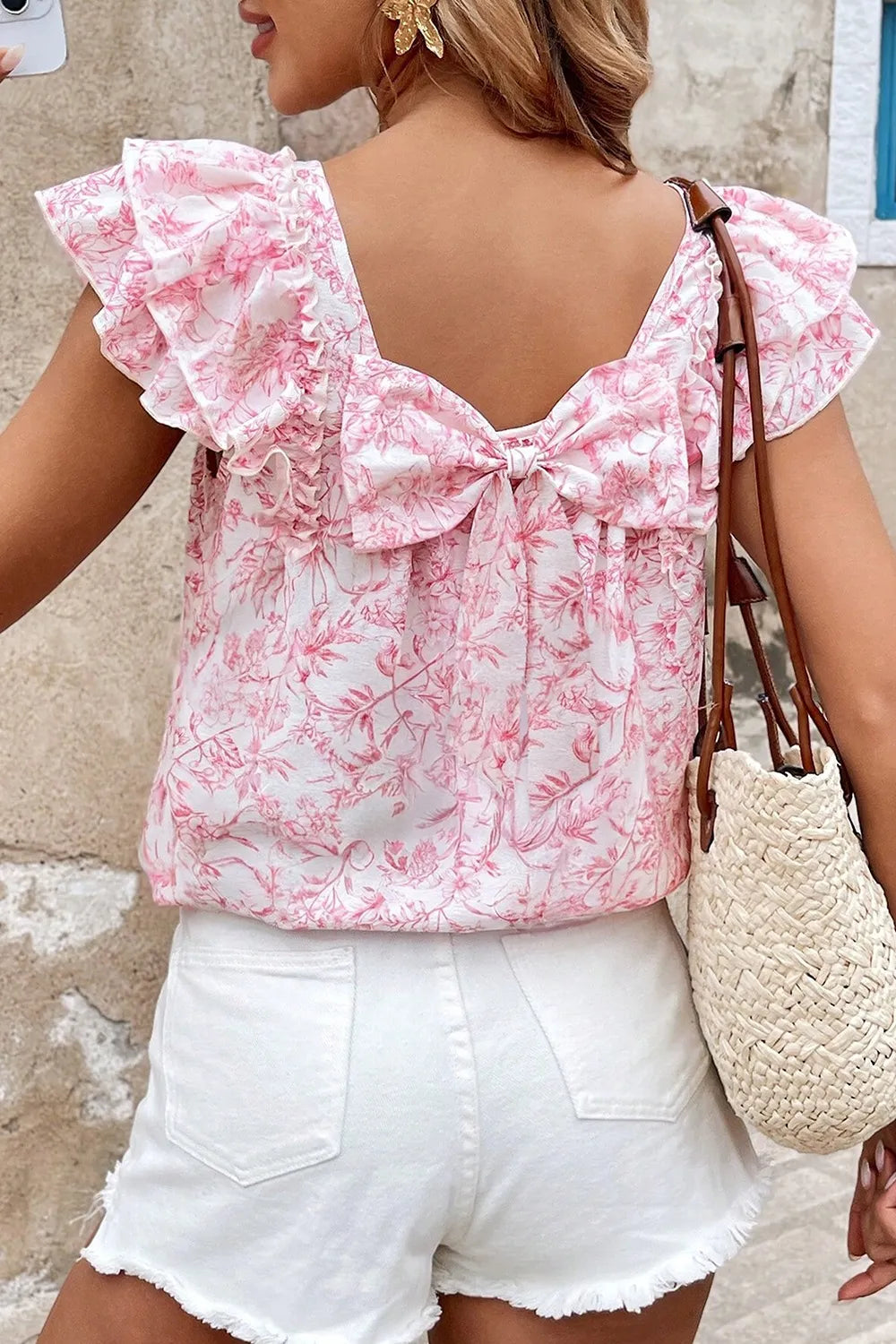Bow Back Printed Ruffled Cap Sleeve Blouse