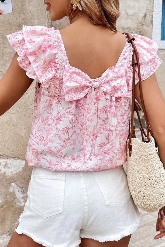 Bow Back Printed Ruffled Cap Sleeve Blouse