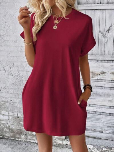 Round Neck Short Sleeve Mini Tee Dress with Pockets - Clothes For Her Online Store
