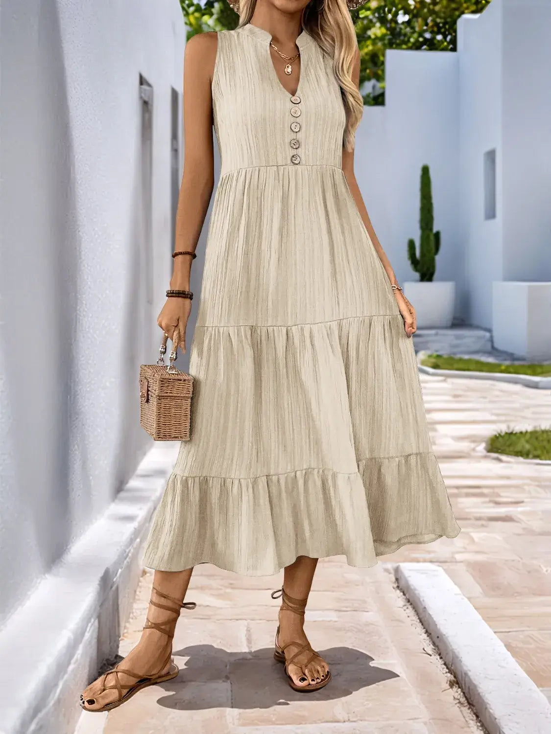 Notched Sleeveless Midi Tiered Dress