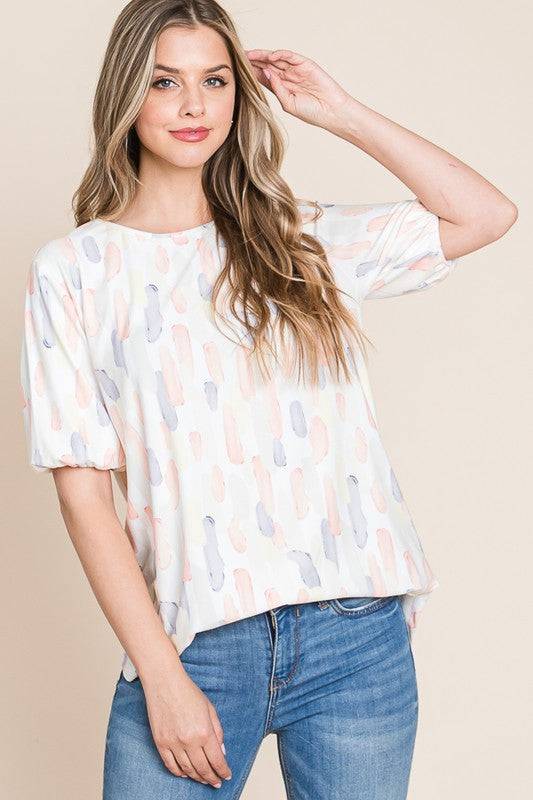 BOMBOM Round Neck Puff Short Sleeve Blouse - Clothes For Her Online Store
