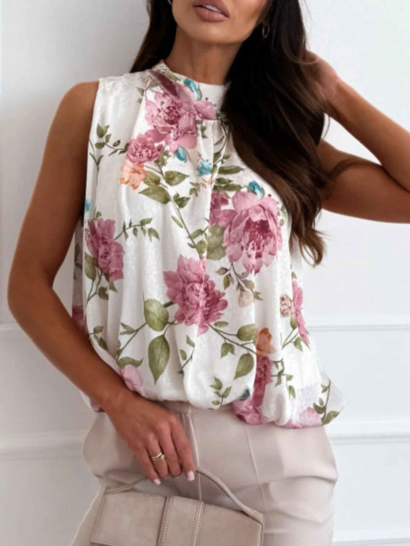 Floral Mock Neck Sleeveless Blouse