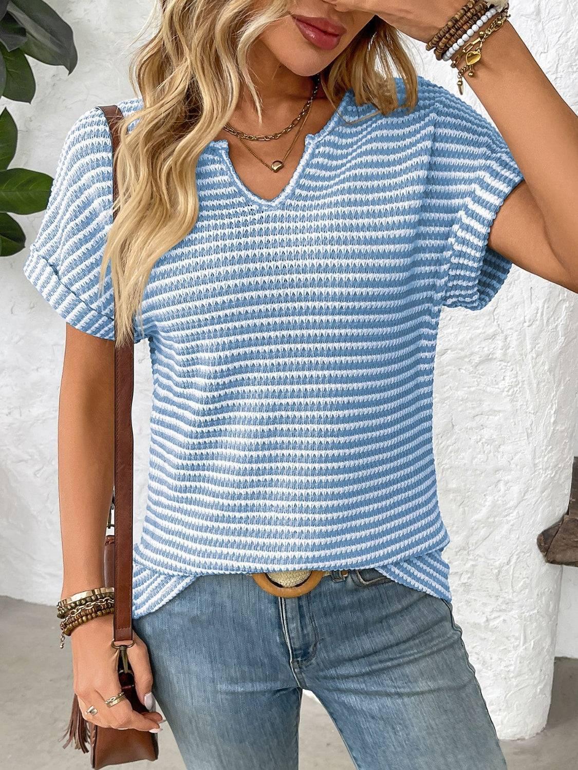 Striped Notched Short Sleeve T-Shirt - Clothes For Her Online Store