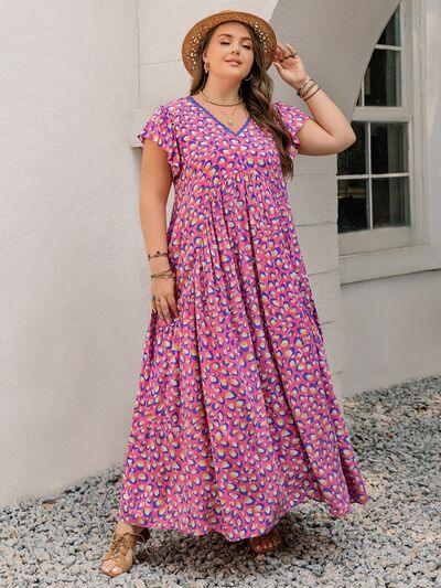 Plus Size Printed V-Neck Flutter Sleeve Tie Waist Maxi Dress