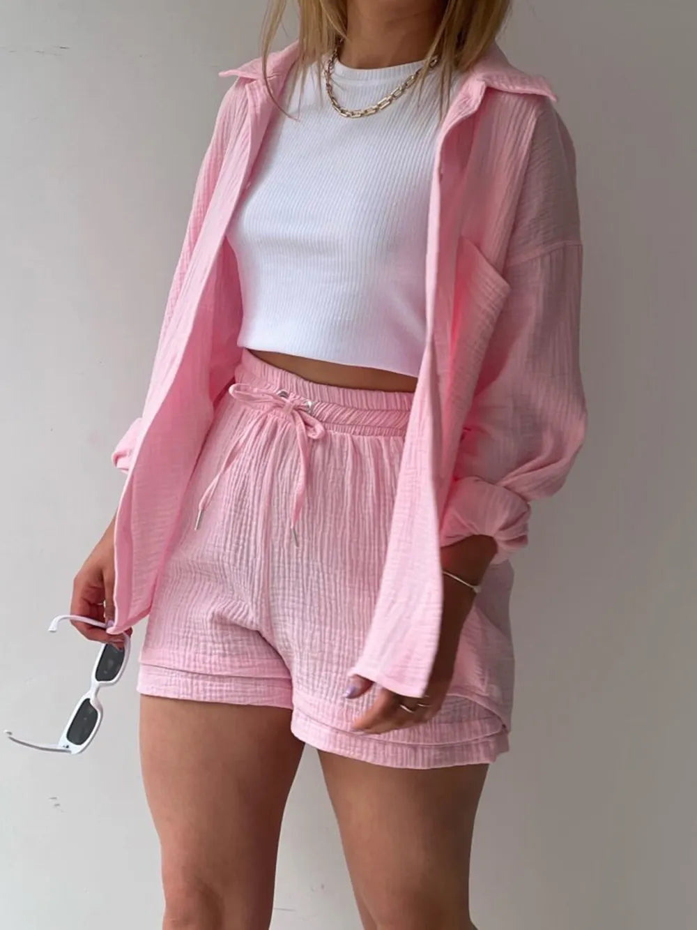 Texture Button Up Shirt and Drawstring Shorts Set - Clothes For Her Online Store