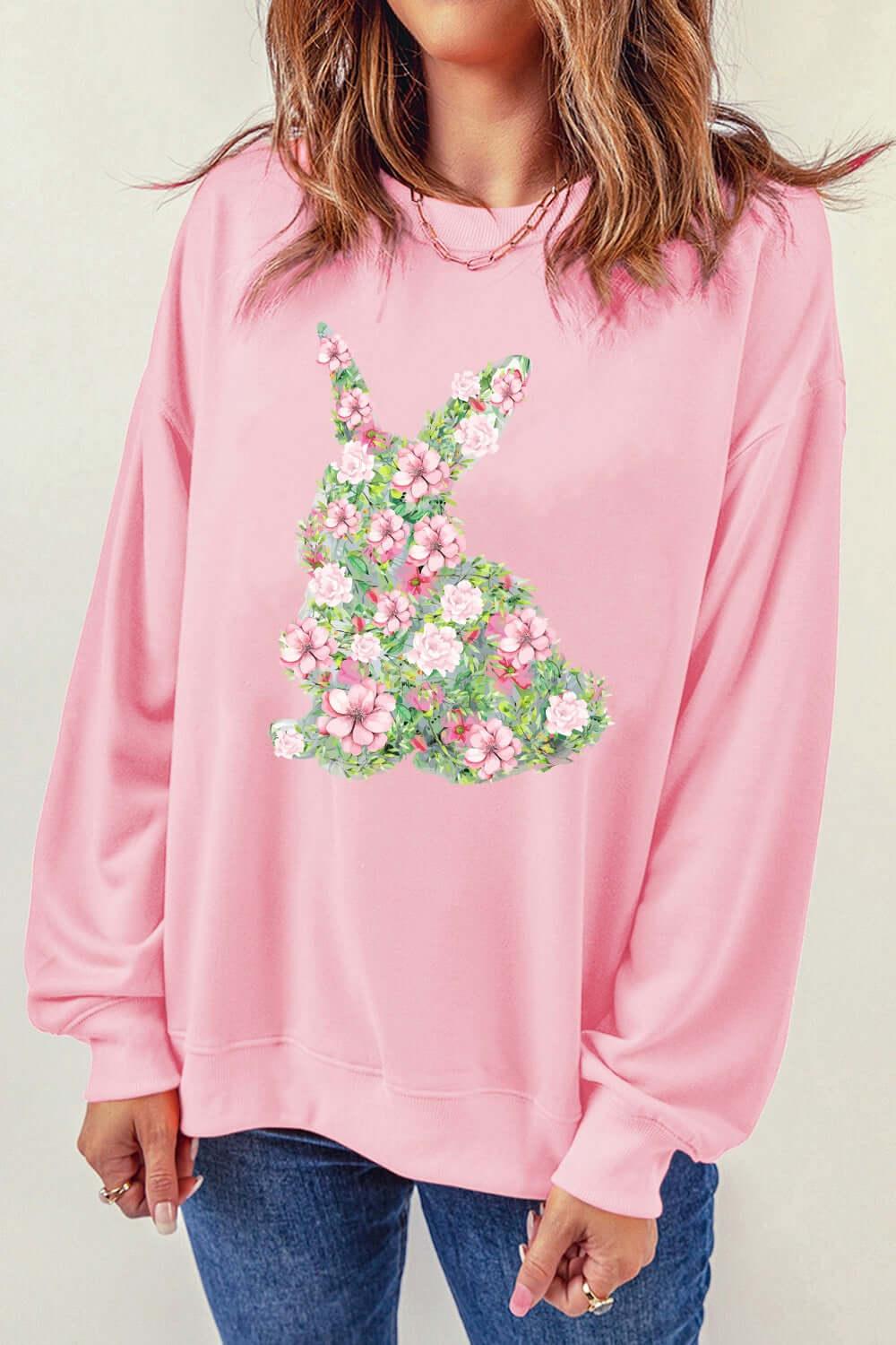 Floral Bunny Round Neck Long Sleeve Sweatshirt