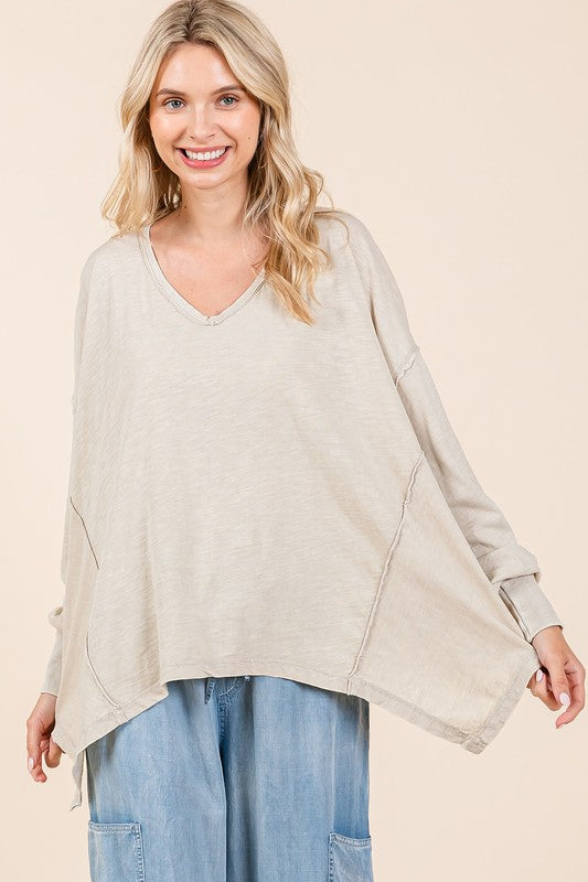 Mittoshop Mineral Wash V-Neck Long Sleeve Oversized Top - Clothes For Her Online Store
