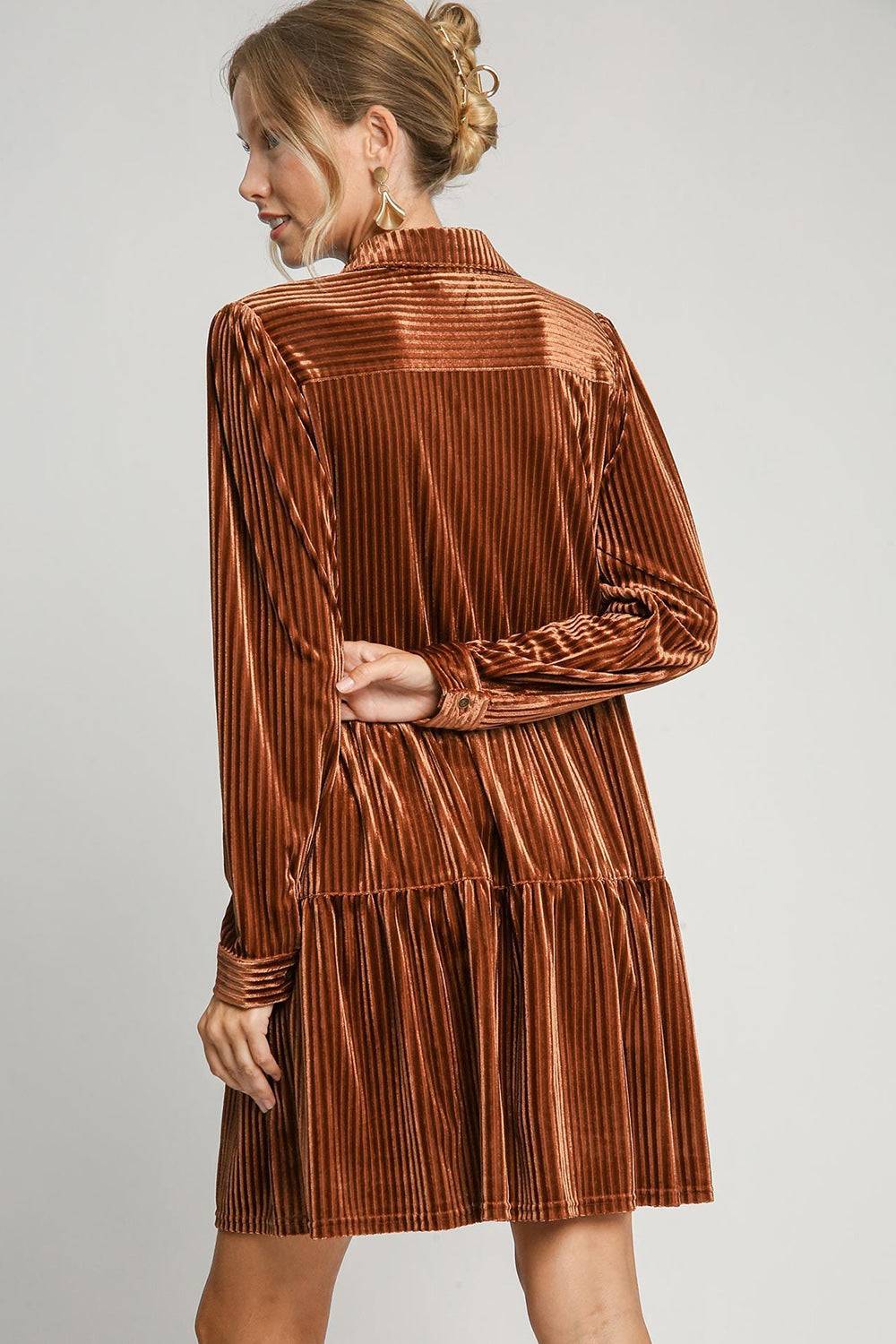 Umgee Texture Tiered Collared Long Sleeve Dress - Clothes For Her Online Store
